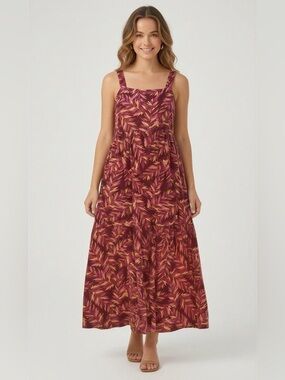 dip Cotton Burgundy Tiered Maxi Dress with Yellow Leaf Print